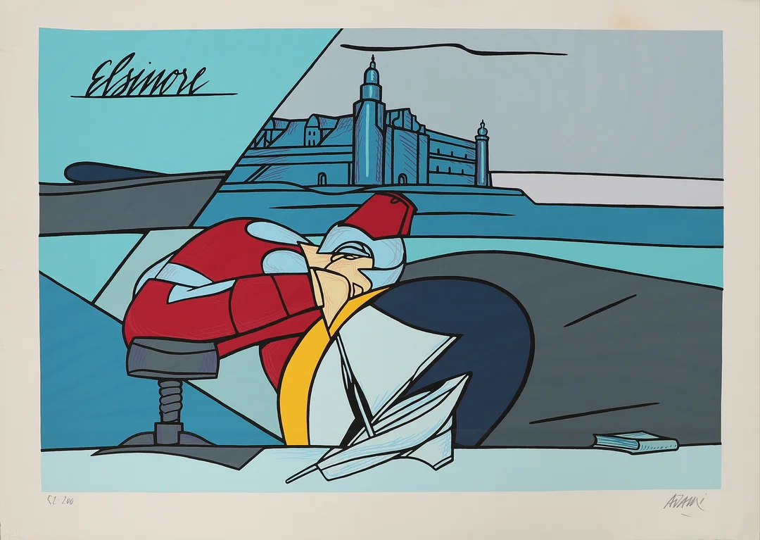 VALERIO ADAMI. "Hamlet", serigrafi, signerad och numrerad 52/200, utförd 1994. — Engravings & Prints — Crafoord Auktioner Malmö