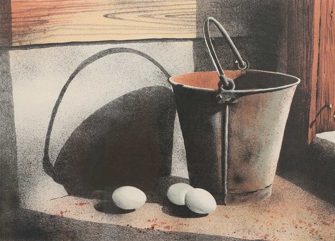 NILS-ERIK JOHANSSON. Färglitografi, stilleben hink och ägg, numrerad 72/180, signerad, daterad 1984. — Engravings & Prints — Ekenbergs Auktioner