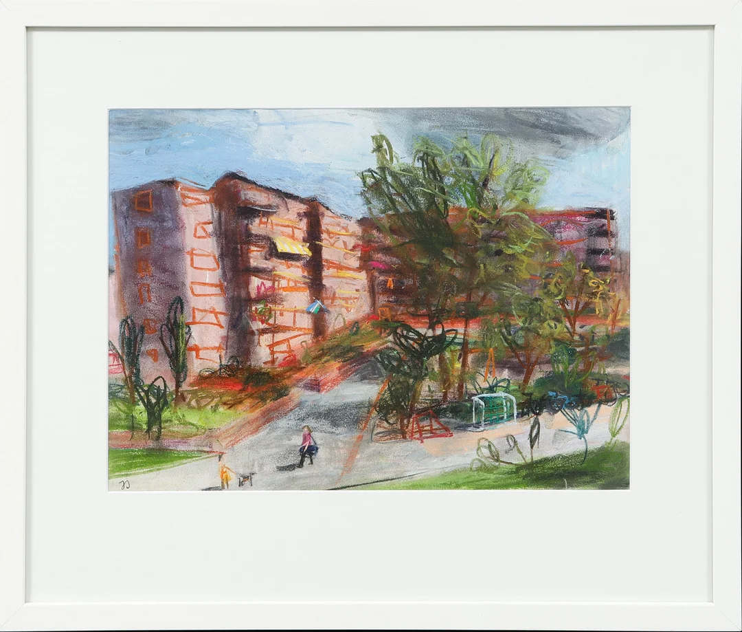 JAN STIGLAND. Bostadsområde, krita på papper, signerad. — Paintings — Göteborgs Auktionsverk