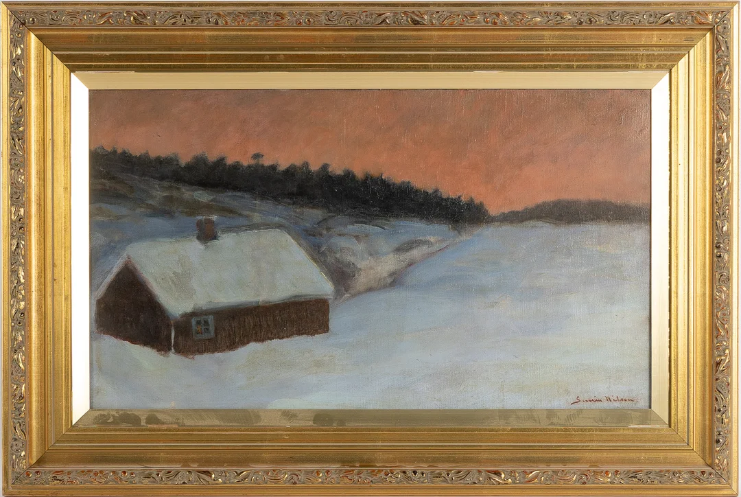 SEVERIN NILSON. Oljemålning på duk. Vinterlandskap med stuga. Signerad Severin Nilsson. — Paintings — Stockholms Auktionsverk Helsingborg