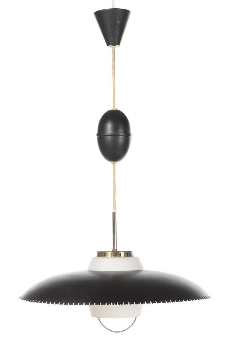 Danish design: Two pendants with black lacquered metal shade, opal glass inner shade and brass mounting. Lyfa 1950s. (2) — Modern Lighting — Bruun Rasmussen