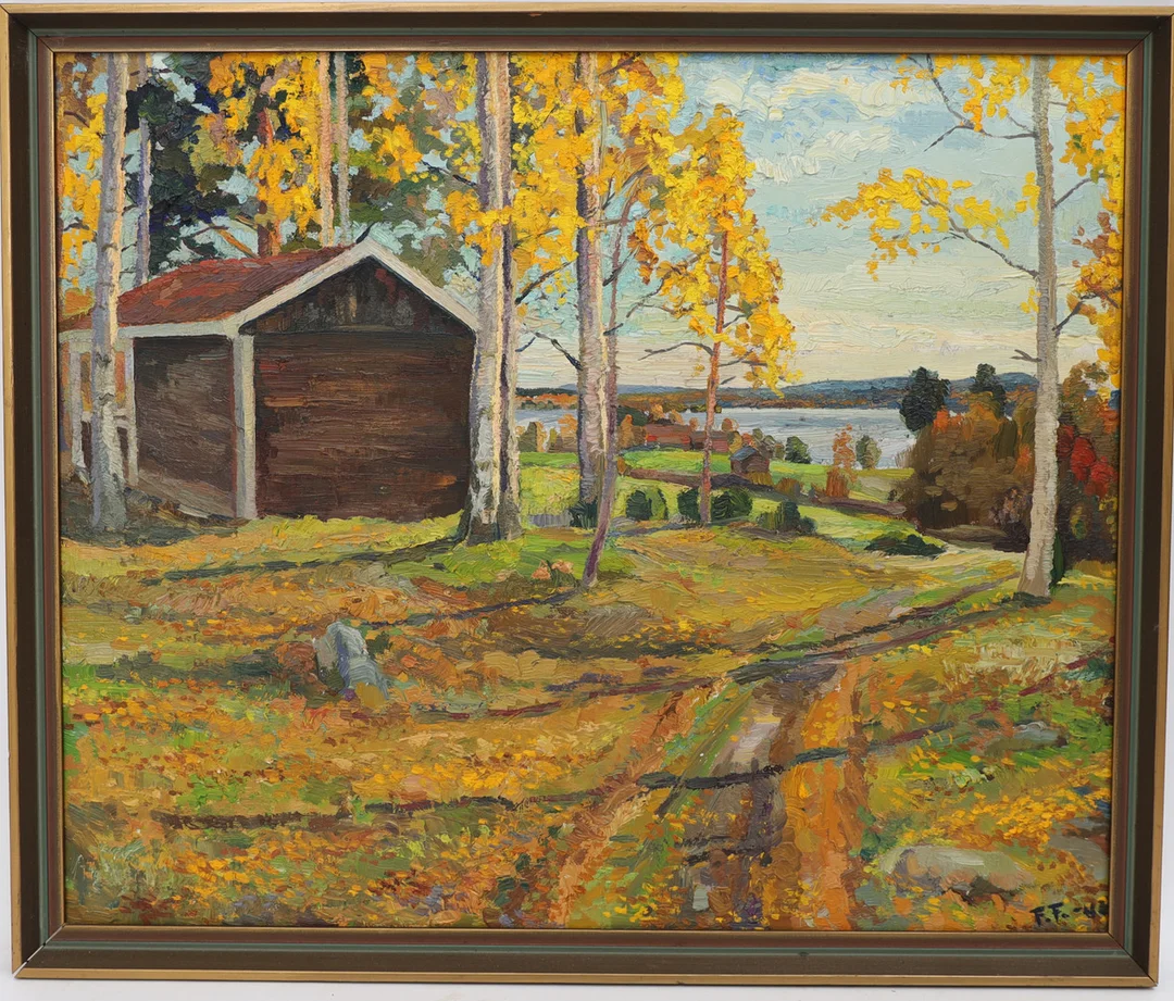 FOLKE FORSLUND. Höstbild, oljemålning på pannå, monogramsignerad och otydligt daterad. — Paintings — Falun Auktionsbyrå