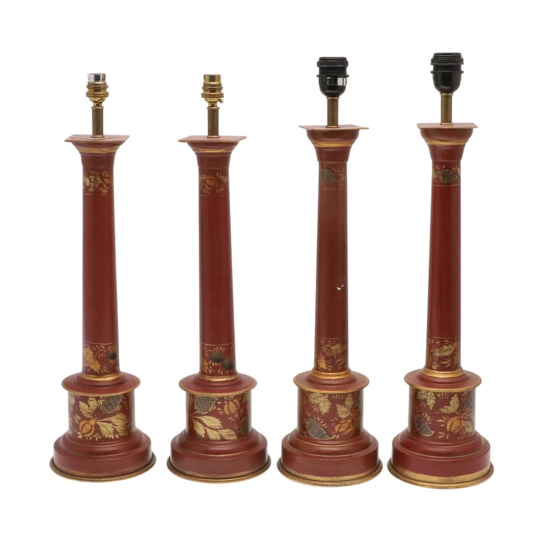 FOUR PAINTED TOLEWARE COLUMNAR TABLE LAMPS IN THE MANNER OF COLEFAX & FOWLER. — Table Lamps — Lawrences Auctioneers