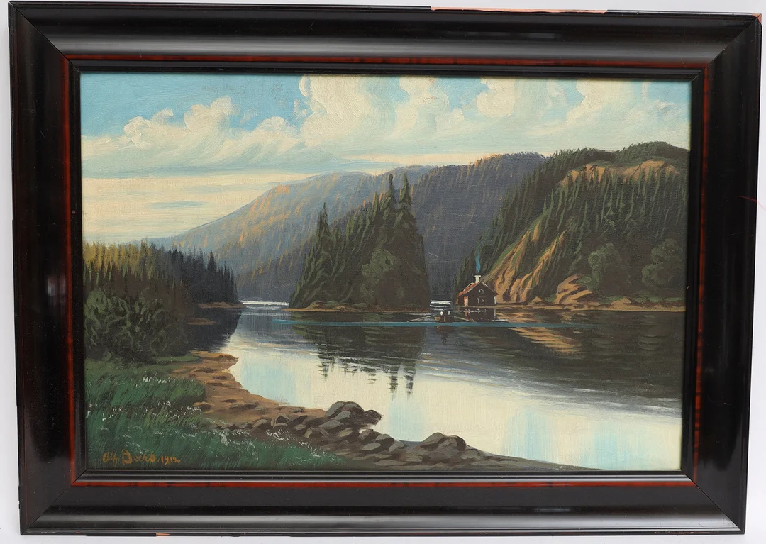 OIDENTIFIERAD KONSTNÄR. Landskap med vattendrag och stuga, oljemålning på duk, signerad Alf Beers och daterad 1912. — Paintings — Falun Auktionsbyrå