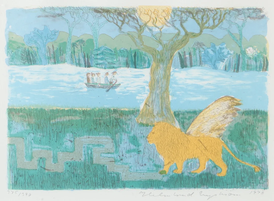 HELMTRUD NYSTRÖM. Bevingat lejon, färglitografi, signerad 1978. — Engravings & Prints — Helsingborgs Auktionskammare
