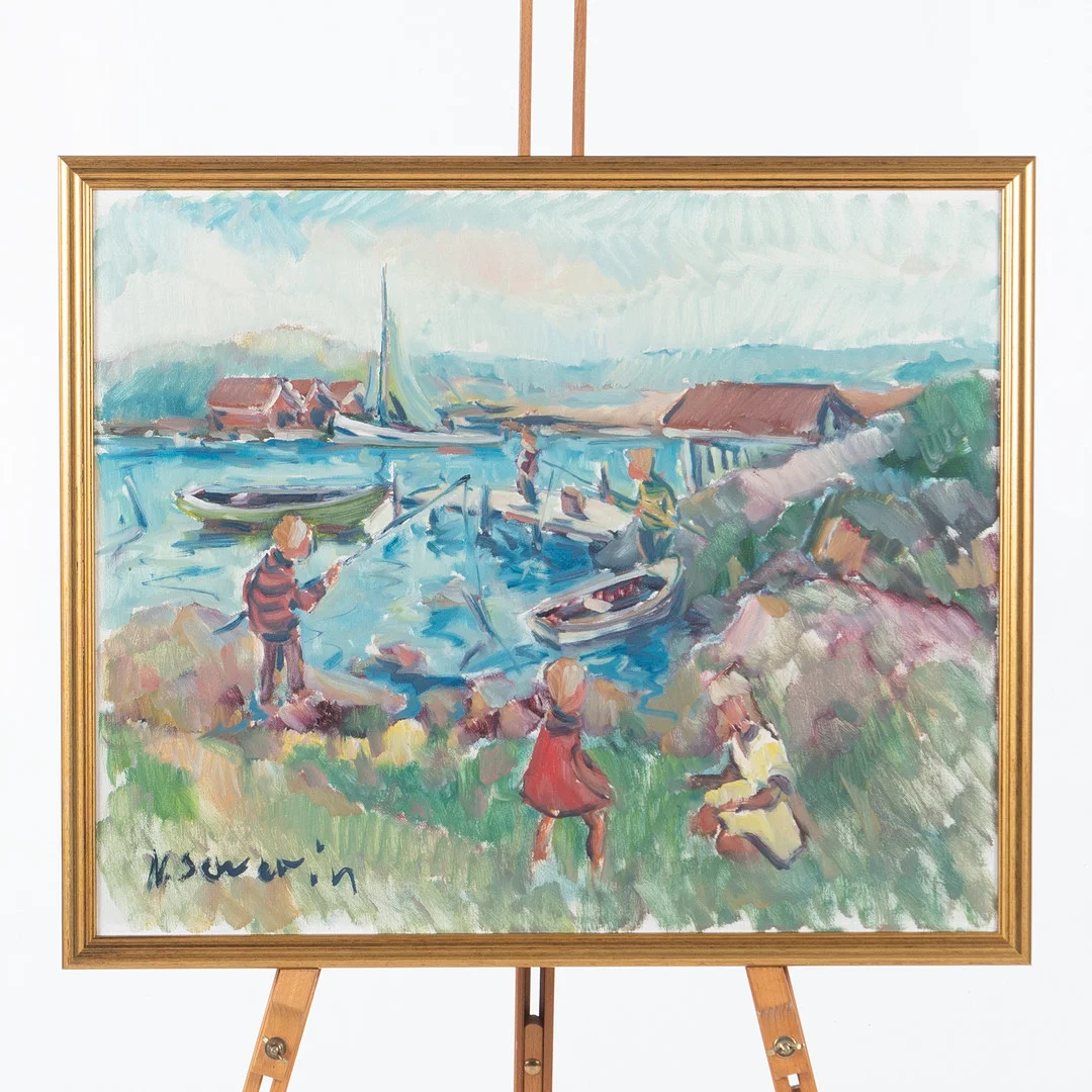 NILS SEVERIN. Fiskeläge med barn. — Paintings — Laholms Auktionskammare