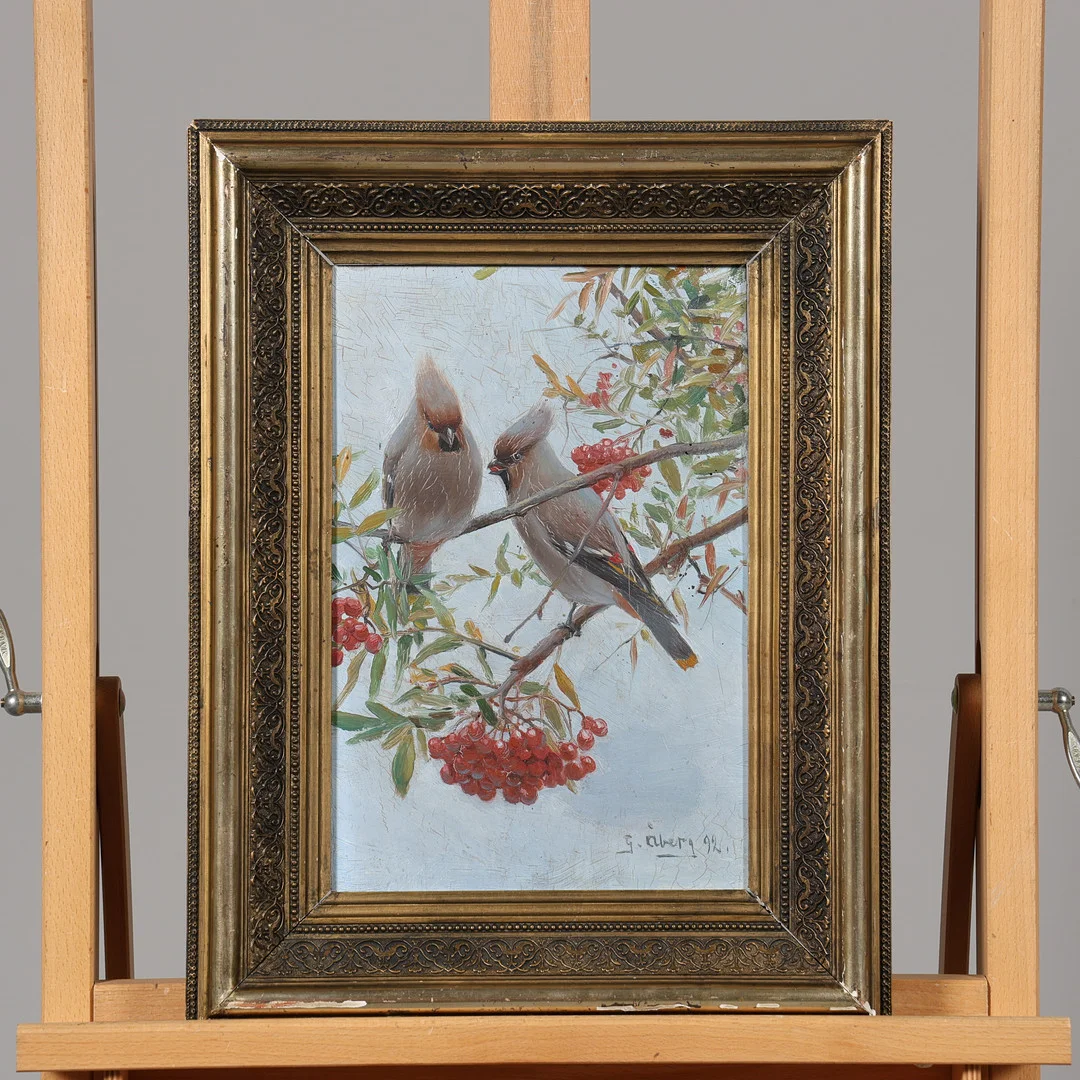 GUNNAR ÅBERG. OLJA PÅ PANNÅ, fåglar, signerad samt daterad -92. — Paintings — Borås Auktionshall