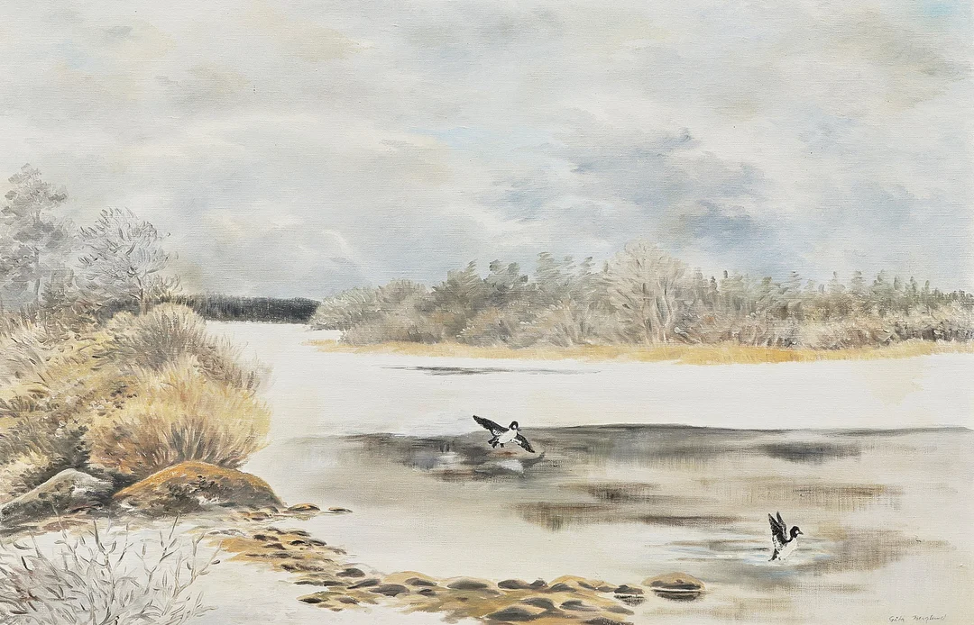 GÖTA BERGLUND. Oljemålning, Knipgubbar i islossning, Signerad, duk. — Paintings — Metropol Auktioner