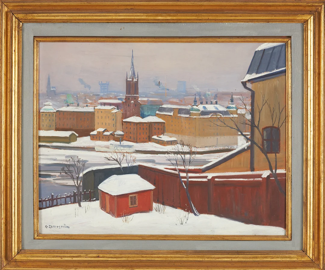 GUNNAR ZETTERSTRÖM. Olja på pannå, vy från Ivar Lo, signerad. — Paintings — Stockholms Auktionsverk Sickla