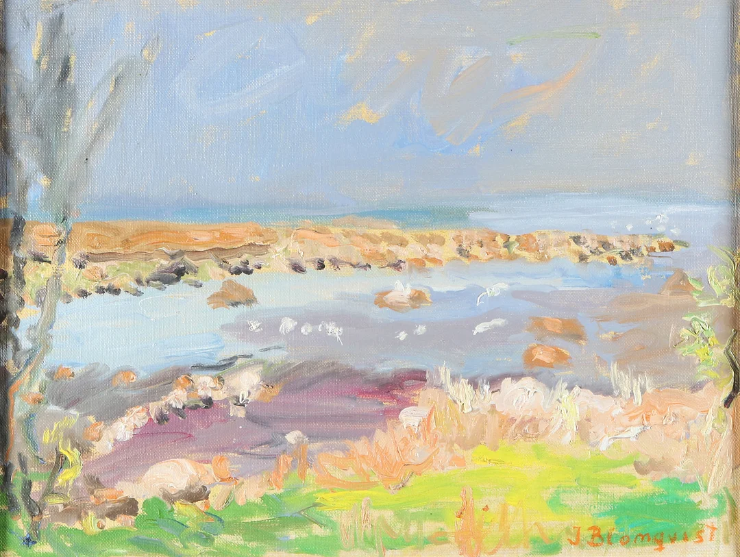 INGE BLOMQVIST. Oljemålning på duk. Kustlandskap. Signerad. — Paintings — Skånes Auktionsverk