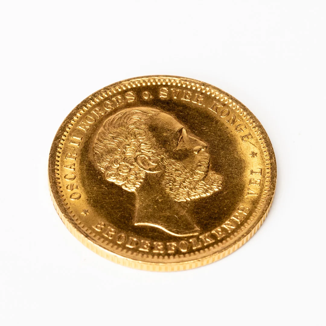 MYNT 20 kr, guld, 18K Oscar II, Norges o Sver Konge, Broderfolkenes Vel, Norge, 1902. — Coins & Banknotes — Auktionshuset Kolonn