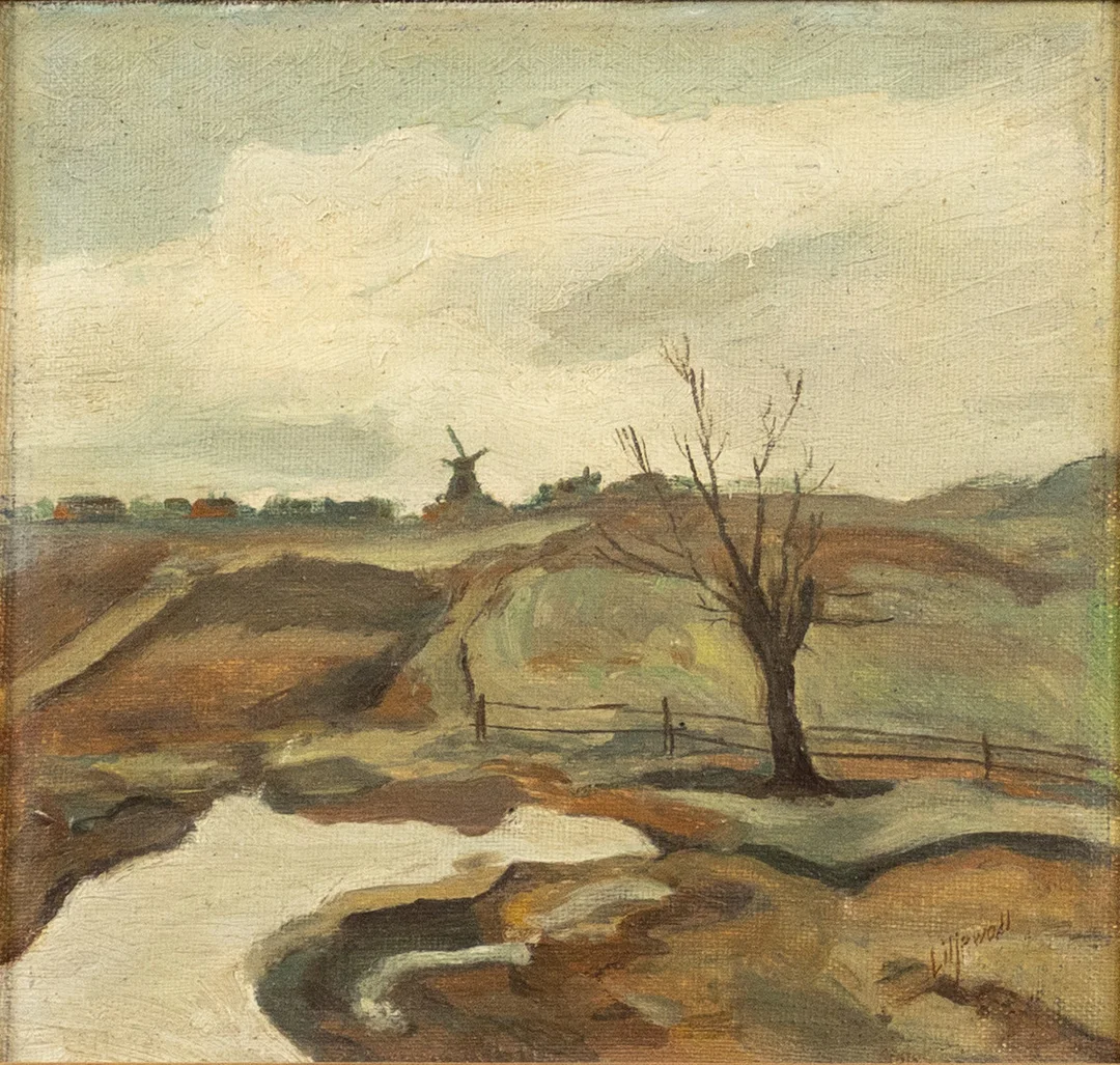 OIDENTIFIERAD KONSTNÄR. Olja på pannå, höstlandskap med mölla, signerad Liljewall. — Paintings — Karljohan Auktioner