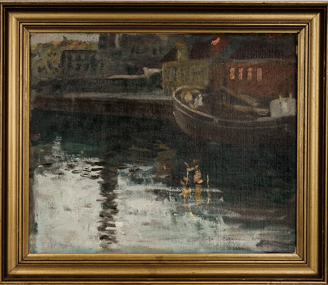 OKÄND KONSTNÄR. Blandteknik på pannå, Hamnmotiv, Osignerad. — Paintings — Norrlands Auktionsverk