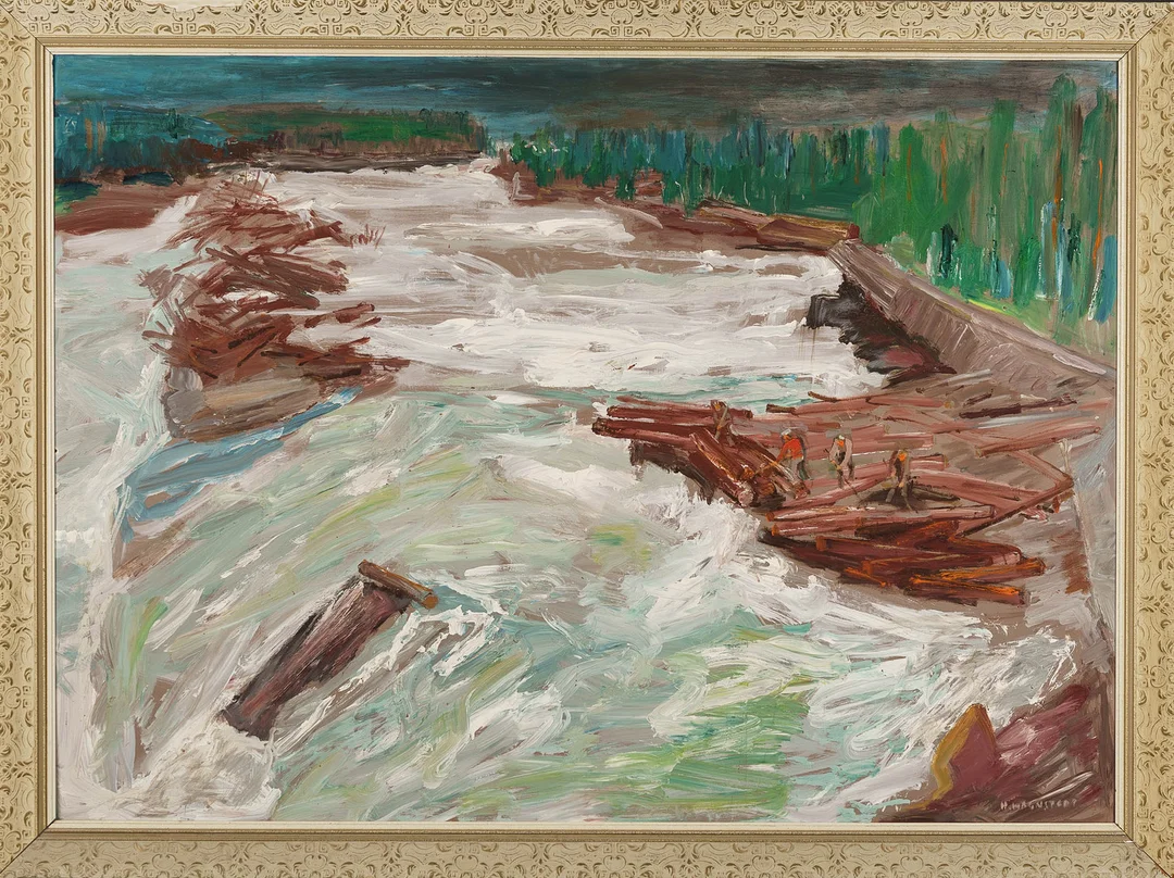 HANNES WAGNSTEDT. Olja på pannå, "Timmerflottning, Storforsen Piteälven" Signerad. — Paintings — Norrlands Auktionsverk