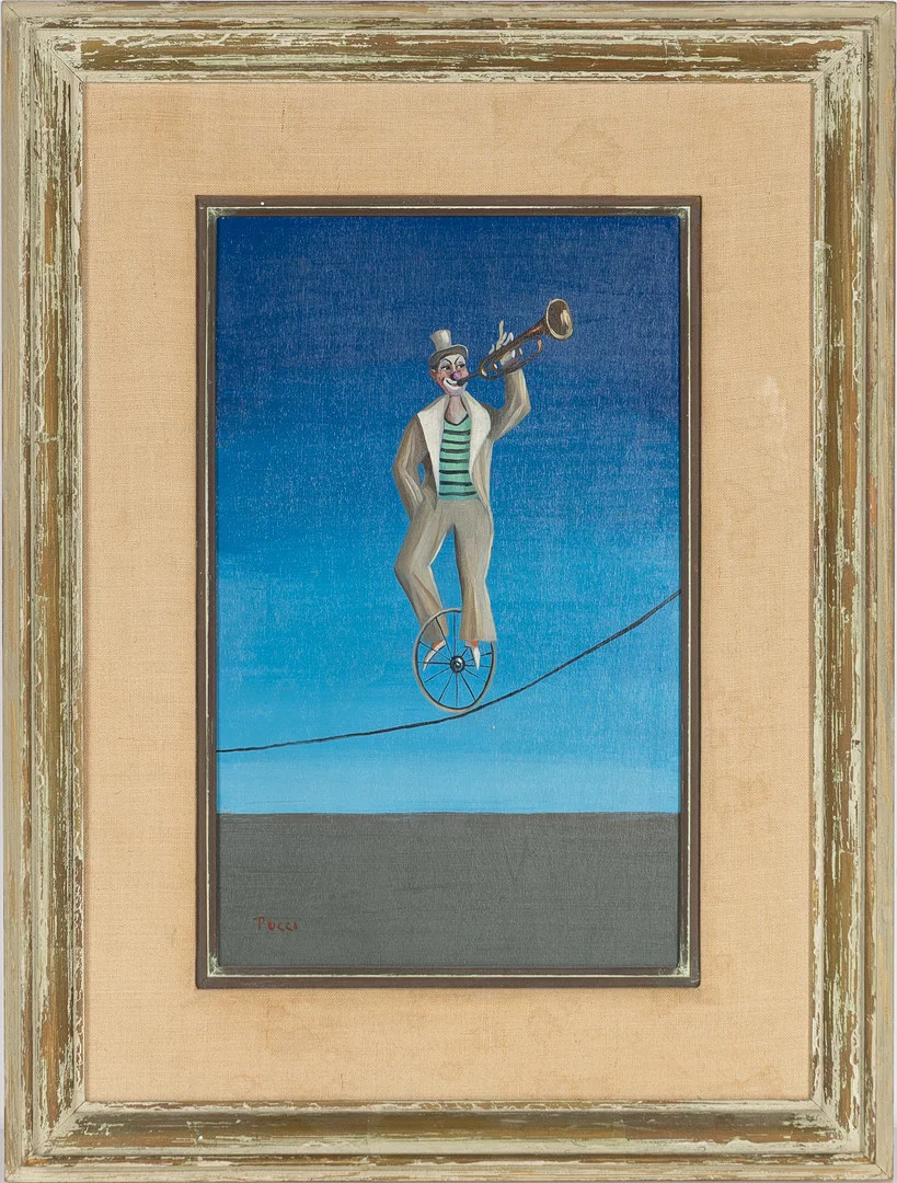 CARLO CANEVARI (ITALIEN, 1922-1996). Spelande clown med trumpet, olja på pannå. — Paintings — Stockholms Auktionsverk Helsingborg