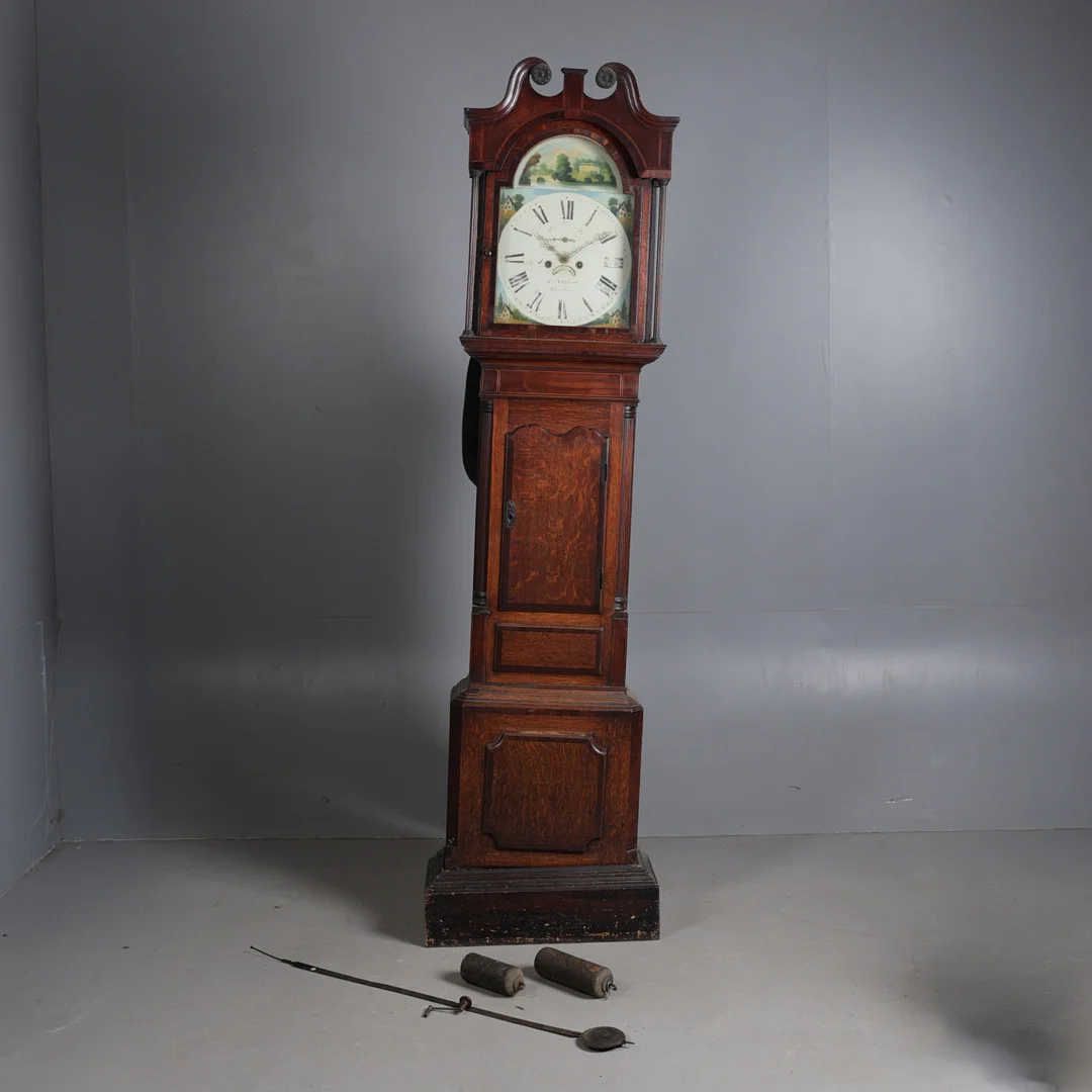 A GEORGE III OAK LONGCASE CLOCK, ALLDRILL? OF BURTON. — Longcase clocks — Bishop & Miller