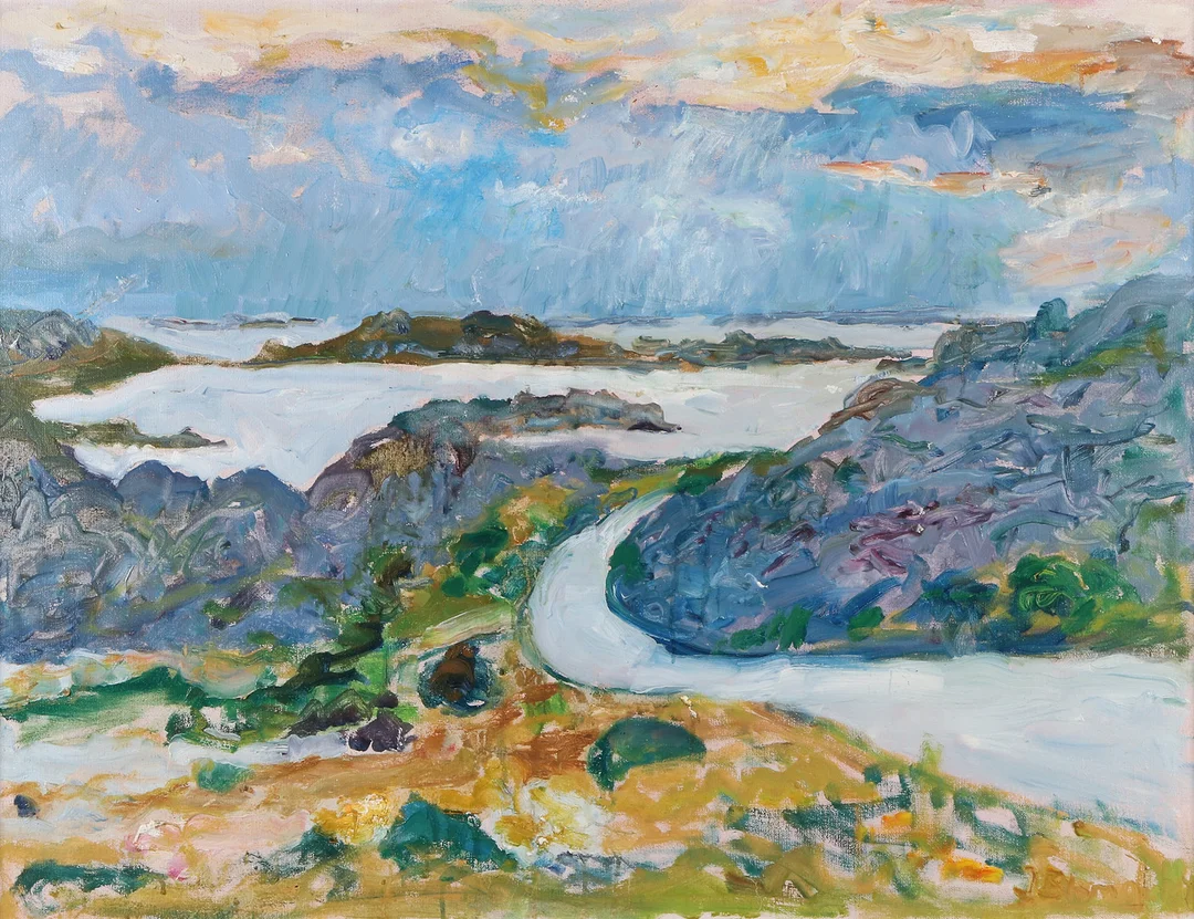 INGE BLOMQVIST. Oljemålning på duk. Fjällandskap med vattendrag. Signerad. — Paintings — Skånes Auktionsverk