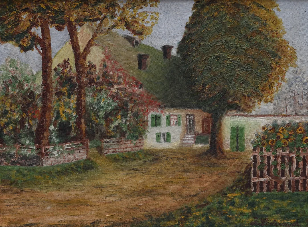 OIDENTIFIERAD KONSTNÄR. olja på duk, gårdsmiljö med solrosor, signerad Södermark. — Paintings — Auktionsmagasinet Vänersborg
