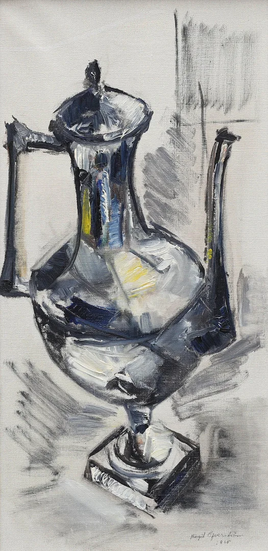 BIRGIT ÖFVERSTRÖM. olja på duk, silverkanna, signerad, daterad 1965. — Paintings — Auktionsmagasinet Vänersborg
