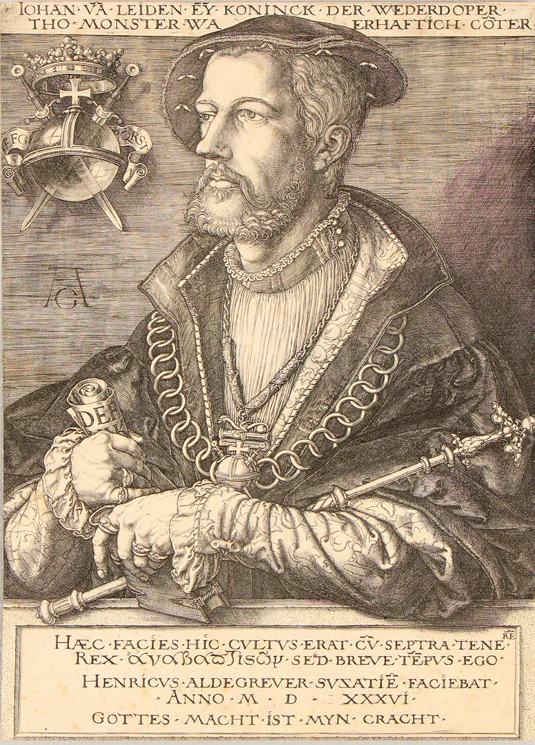 HEINRICH ALDEGREVER (1502-1555). Porträtt av Jan van Leyden. — Engravings & Prints — Uppsala Auktionskammare