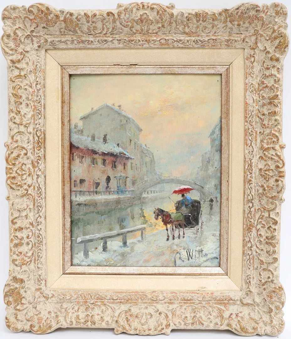 OIDENTIFIERAD KONSTNÄR. Stadsbild med häst och vagn, oljemålning på träskiva, otydligt signerad. — Paintings — Falun Auktionsbyrå