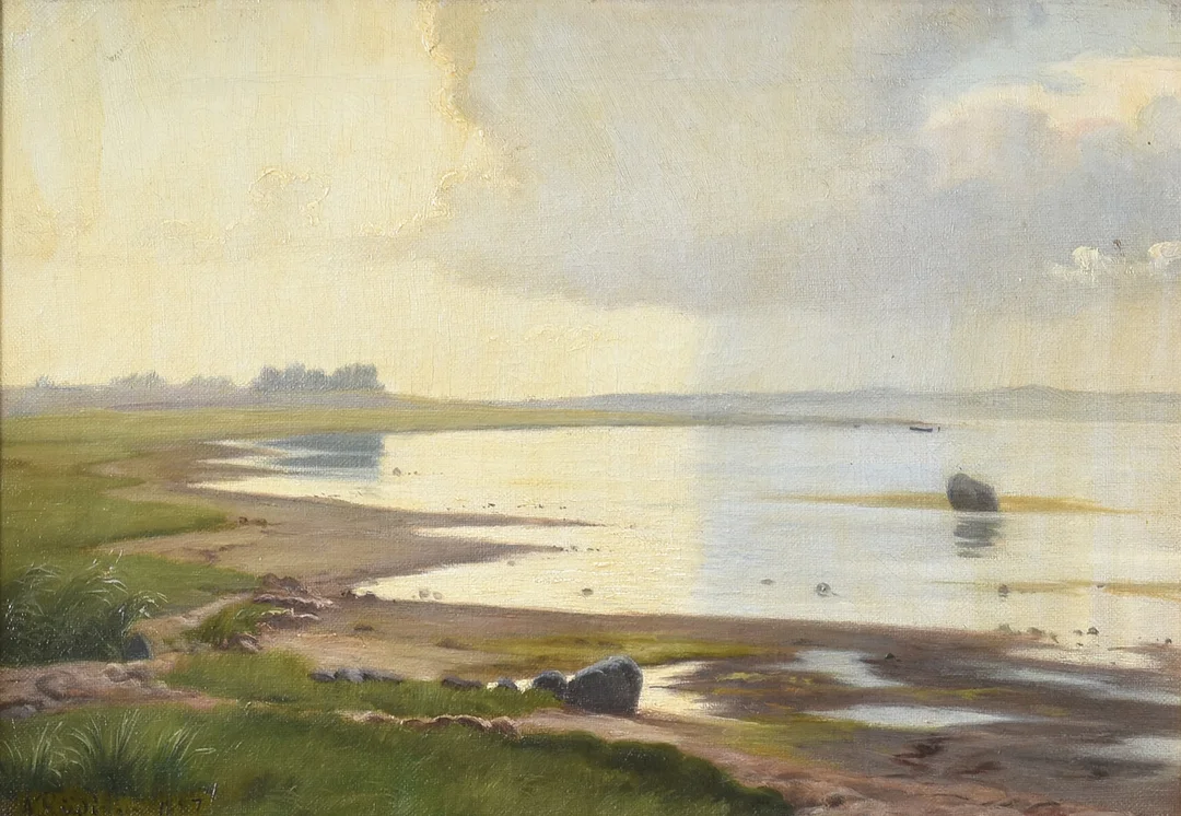 ALBERT RÜDINGER. (1838-1925) Landskab. Olie på lærred, Signeret. Danmark, 1887. — Paintings — Sørensen Auktioner