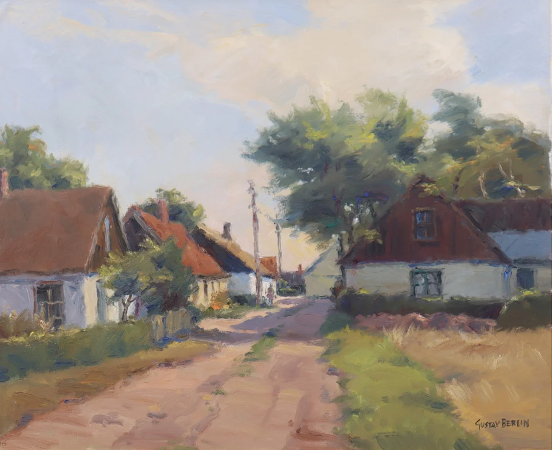 GUSTAV BERLIN. olja på duk, Bygata, Böste fiskeläge. — Paintings — Markus Auktioner