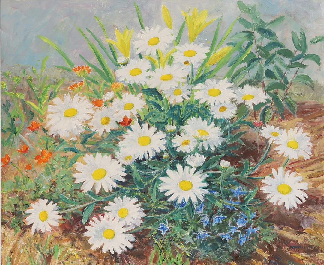 MATS MASON. Olja på pannå, "Rabattblommor", signerad -70. — Paintings — RA Auktionsverket Norrköping