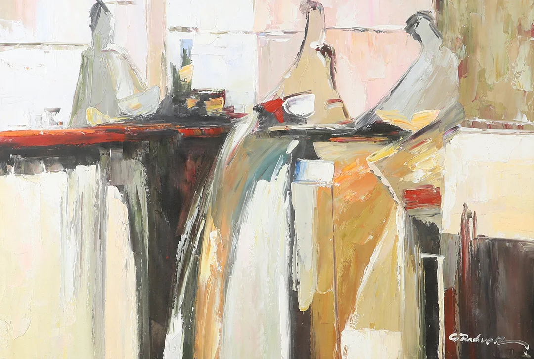OIDENTIFIERAD KONSTNÄR. Barmotiv, olja på duk, otydligt signerad G. Radvan. — Paintings — Helsingborgs Auktionskammare