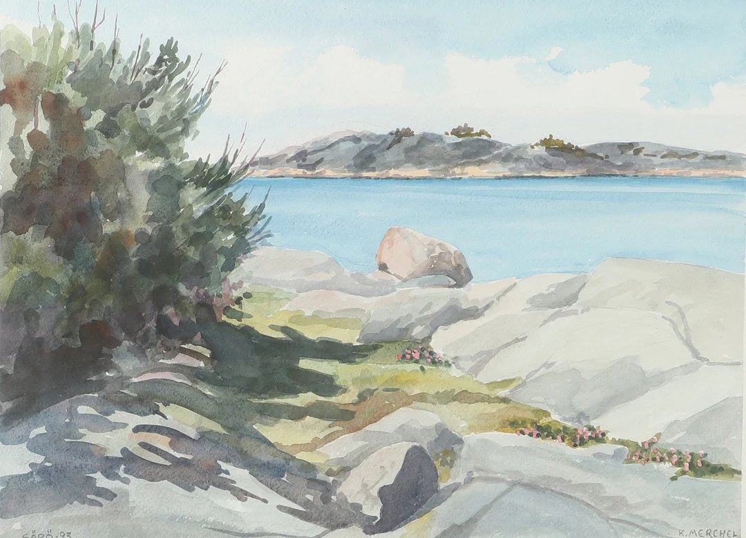 KAI MERCHEL CHRISTENSEN. Kustmotiv, akvarell, signerad K. Merchel. — Paintings — Helsingborgs Auktionskammare