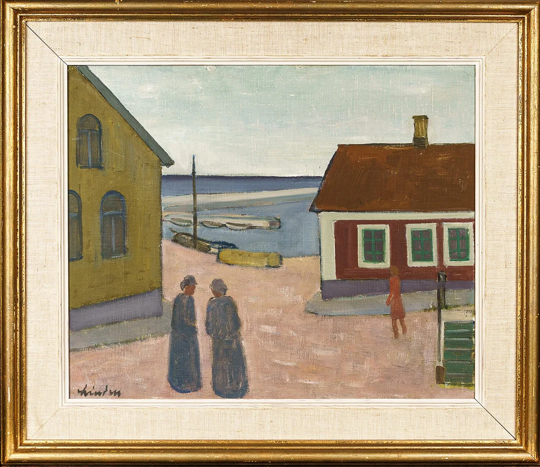 HELGE LINDEN. Olja på duk "Hamnscen" Signerad 1900-tal. — Paintings — Norrlands Auktionsverk