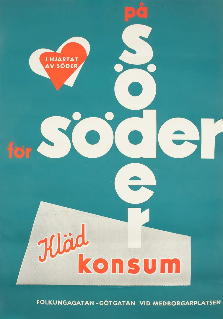 AFFISCH. Kläd-konsum, "På Söder för Söder", 1950-tal. — Advertising & Signs — Stockholms Auktionsverk Sickla