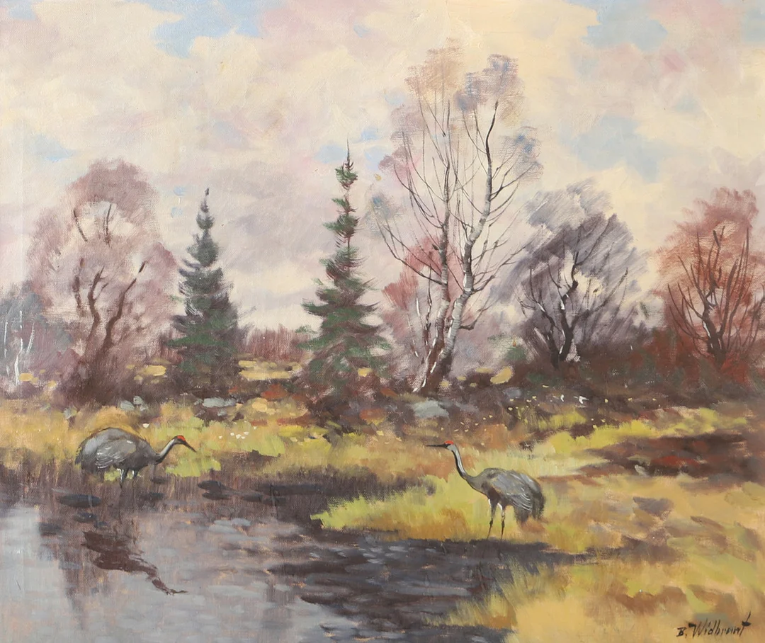 BERTIL WIDBRANT. Skogslandskap med fåglar, olja på duk, signerad B. Widbrant. — Paintings — Helsingborgs Auktionskammare