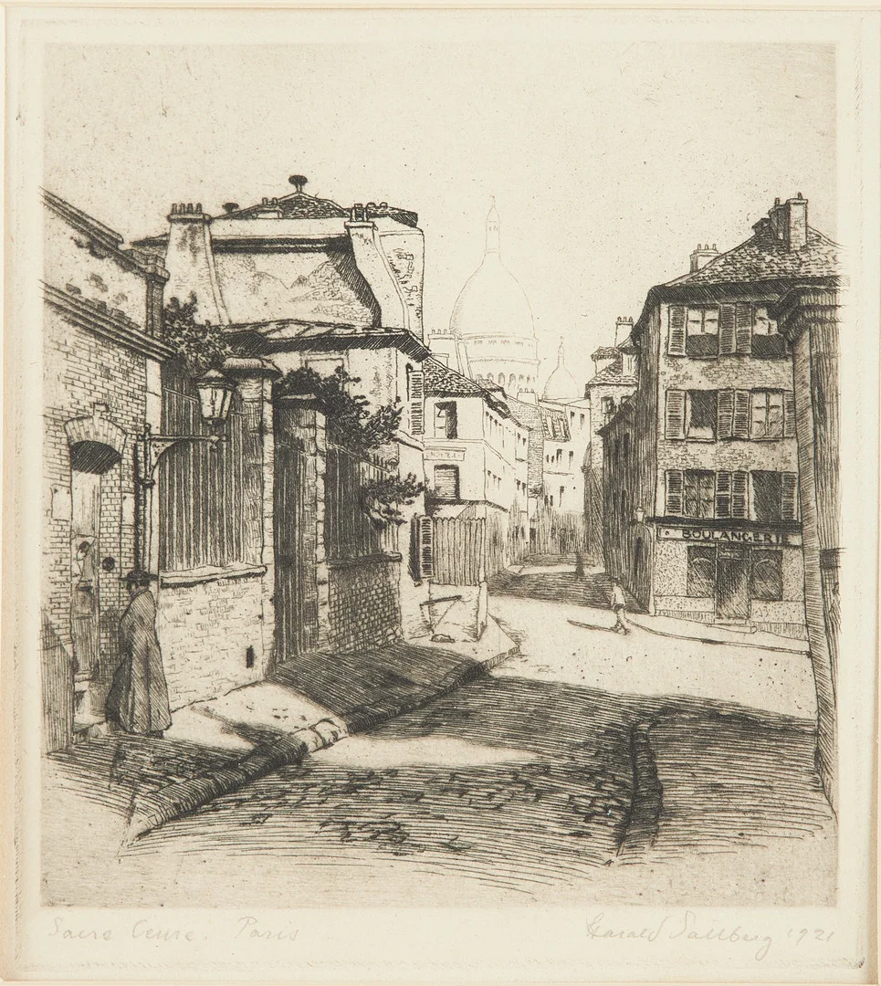 HARALD SALLBERG (1895-1963). "Sacré-Coeur, Paris", signerad i blyerts, etsning, Frankrike 1921. — Other — Stockholms Auktionsverk Sickla