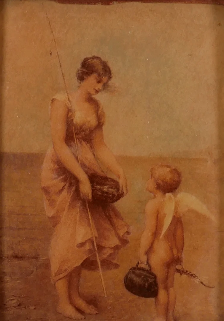 OKÄND KONSTNÄR. Kvinna med putto, glasmålning, 18/1900-tal. — Paintings — Auktionsfirma Kenneth Svensson i Kalmar