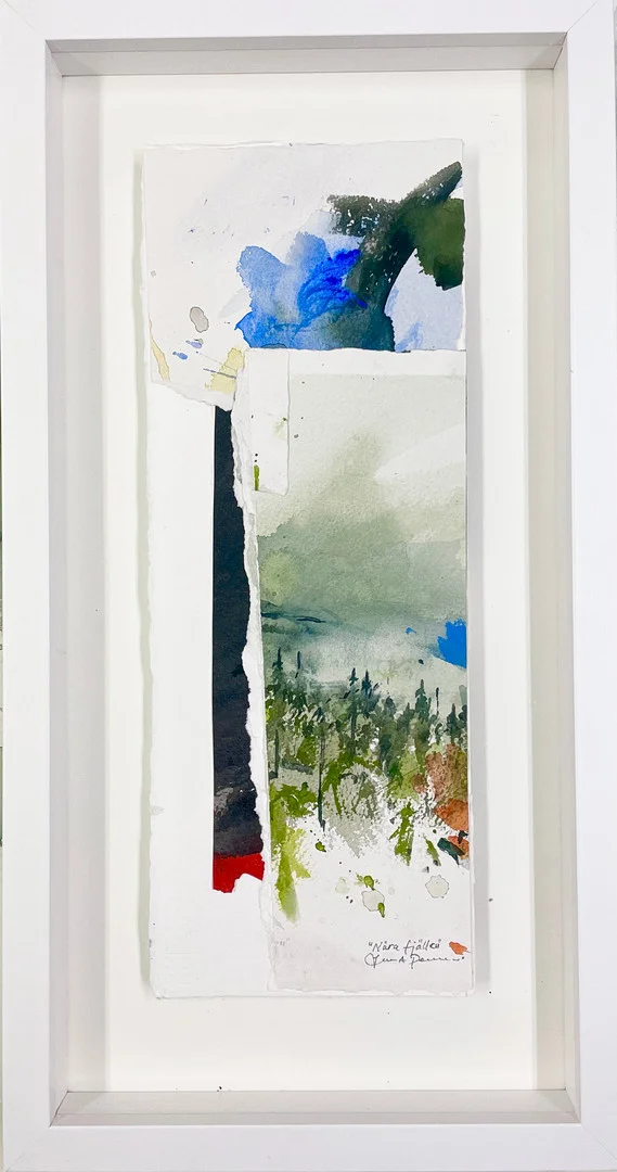 LARS A PERSSON. Akvarellcollage på papper, "Nära fjällen". — Paintings — Norrlands Auktionsverk