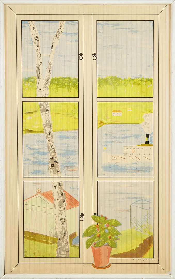 BÖRJE LINDBERG. Fönsterutsikt, färglitografi, på masonitskiva, signerad samt daterad 1970. — Engravings & Prints — Stockholms Auktionsverk Magasin 5