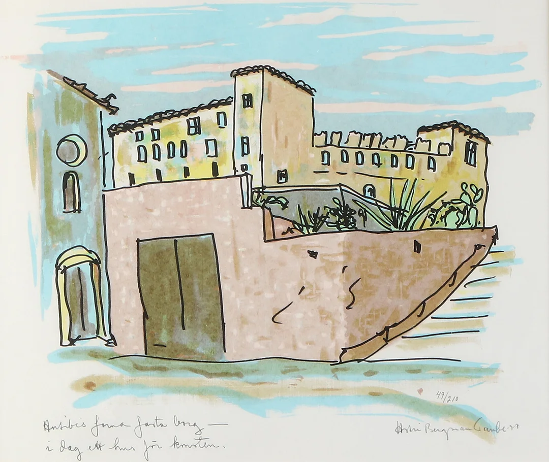 ASTRI BERGMAN-TAUBE. Litografi, 49/210. "Antibes forna fasta borg idag ett hus för konsten". Signerad. — Engravings & Prints — Skånes Auktionsverk