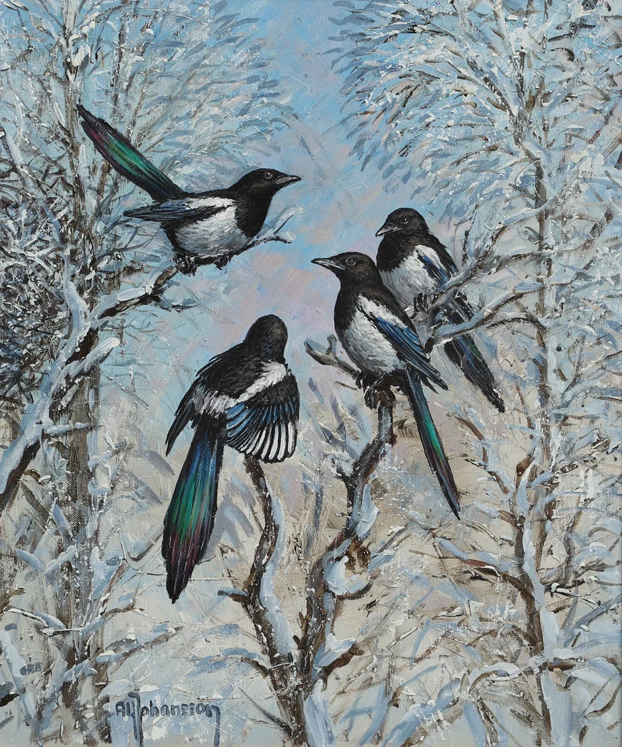 ALF JOHANSSON. Olja på duk, "Skator", signerad, 1900-tal. — Paintings — Ekenbergs Auktioner