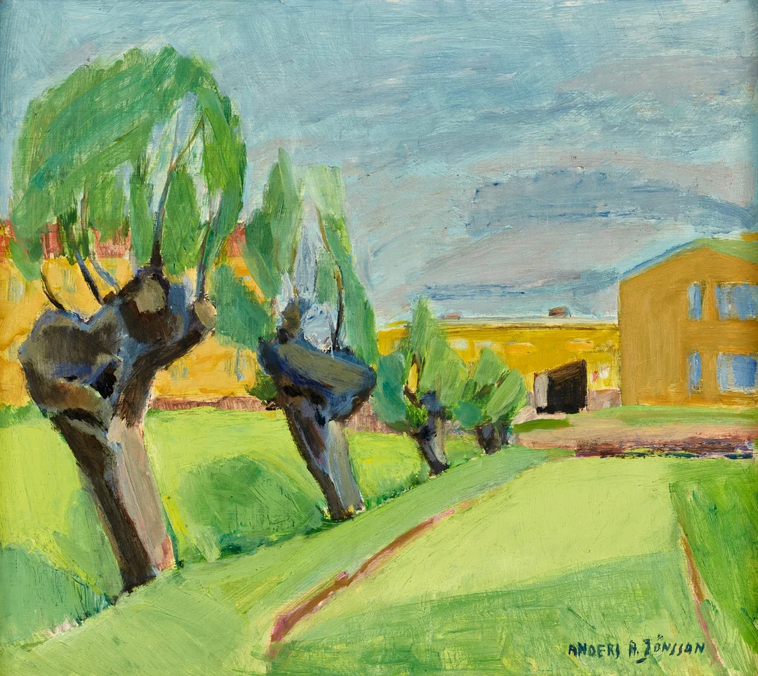 ANDERS A JÖNSSON (1907-2002). "Pilar vid Rosengårdsstaden", olja på pannå, signerad. — Paintings — Crafoord Auktioner Stockholm