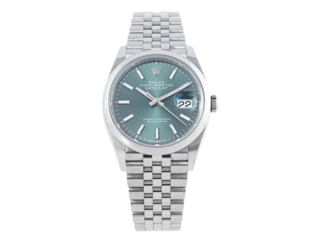 ROLEX, Oyster Perpetual, Datejust 36, Chronometer, "Mint Green Dial", Ref nr. 126200-0023, Serie nr. C31P2222, Cal 3235, Verk nr. V09168E6, Boett nr. 2080, herrur, 36 mm, stål, automatisk, safirglas, datum, Jubileelänk, viklås (Easylink), Ref nr. 62800-1MC/938+3XU, cert, september 2023, box, ytterkartong. — Klockor/Rolex — Kaplans