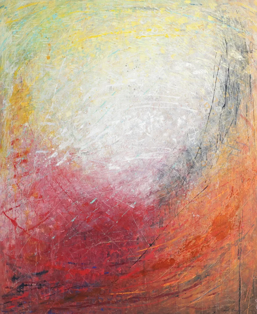 JESPER ØSTERGAARD. Olie på lærred, flerfarvet abstrakt motiv, signeret dateret "Jesper Østergaard, 2002". — Paintings — Woxholt Auktionshus