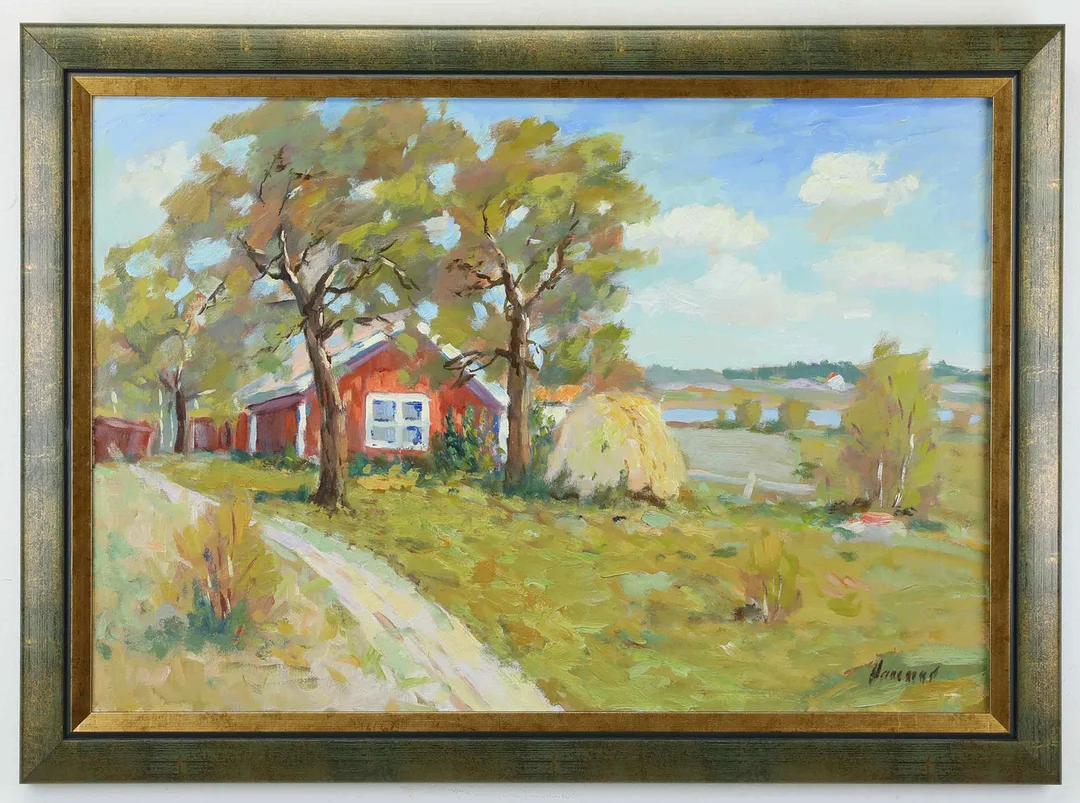 OIDENTIFIERAD KONSTNÄR. Olja på duk, Sommarlandskap med rött hus, signerad. — Paintings — Hälsinglands Auktionsverk