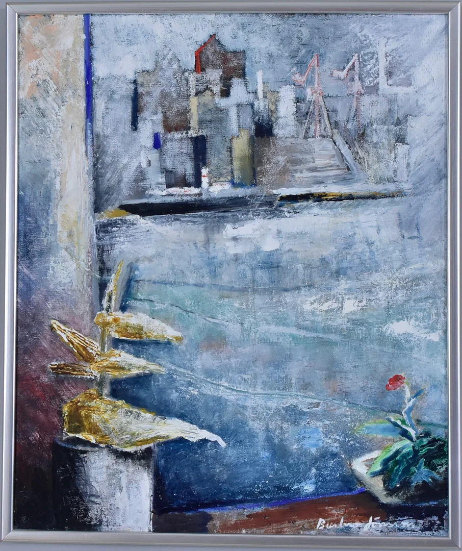 BARBRO JÖNSSON. oljemålning på duk, Lastbrygga. — Paintings — Halmstads Auktionskammare