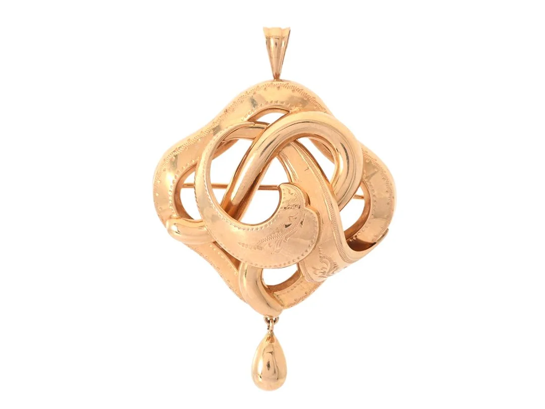 BROSCH/HÄNGE, 18K guld, mönstrad, höjd inkl. ögla 5 cm, vikt ca 4,9 g. — Smycken/Brosch — Kaplans