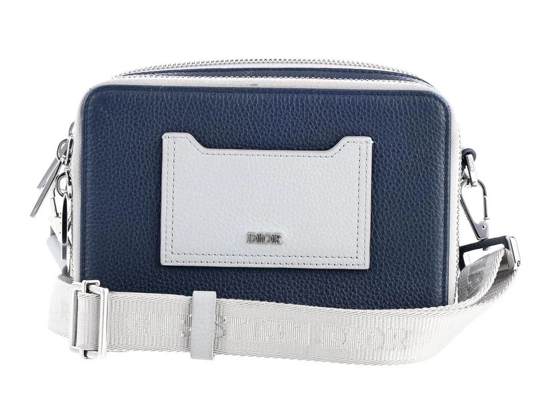 VÄSKA, DIOR, Compact Mini Messenger Bag, mörkblått, grått läder, silverfärgade beslag, 17x11,5x5,5 cm, care booklet, cert, dustbag. — Accessoarer/Väskor — Kaplans