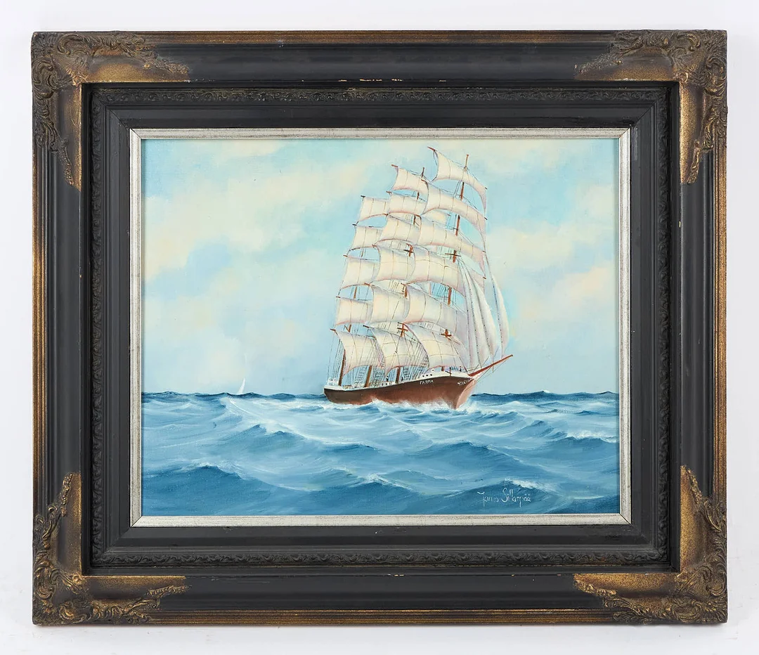 JARMO SILLANPÄÄ. SKEPPSPORTRÄTT, "Parma", signerad, olja på duk, uppfodrad på pannå. — Paintings — Stockholms Auktionsverk Helsinki