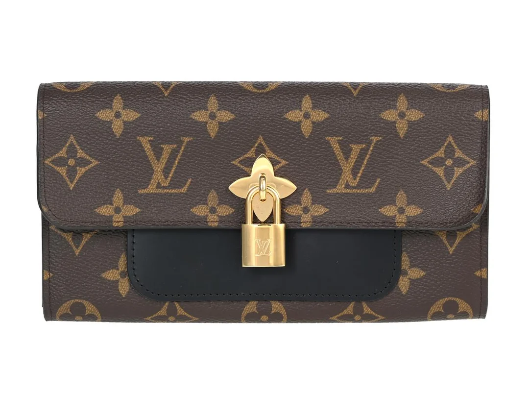 PLÅNBOK, LOUIS VUITTON, Monogram Flower Lock Long Wallet, monogram canvas, svart läder, guldfärgade beslag, 19x11 cm, märkt CA0198, år 2018, mynt, sedel, kort, dustbag, ask. — Accessoarer/Plånböcker — Kaplans