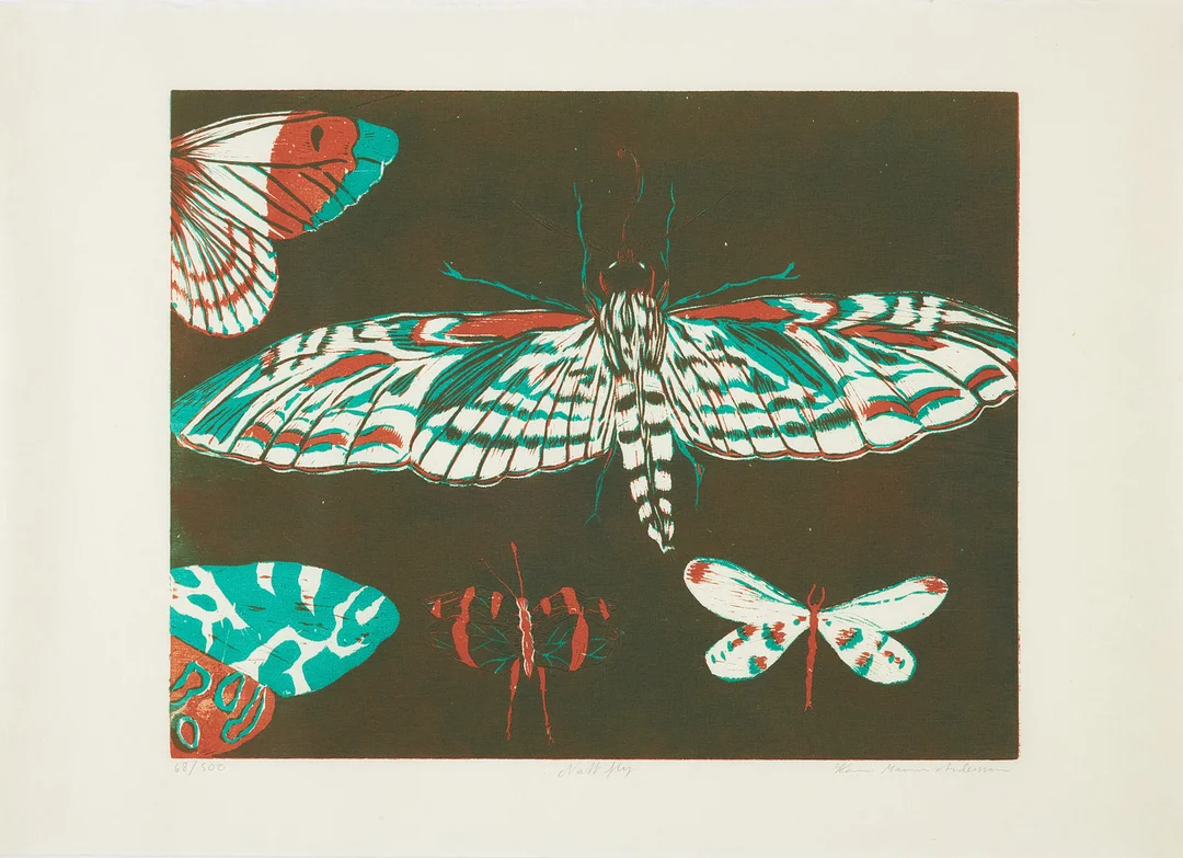 KARIN MAMMA ANDERSSON. KARIN MAMMA ANDERSSON. "Nattfly", färgträsnitt, numrerad 68/500, signerad. — Engravings & Prints — Stockholms Auktionsverk Sickla
