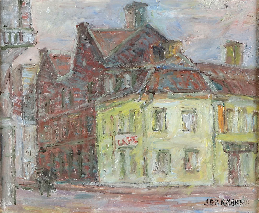 SIGGE JERNMARK. Oljemålning på duk. Signerad. "Brogrens hotell". — Paintings — Skånes Auktionsverk